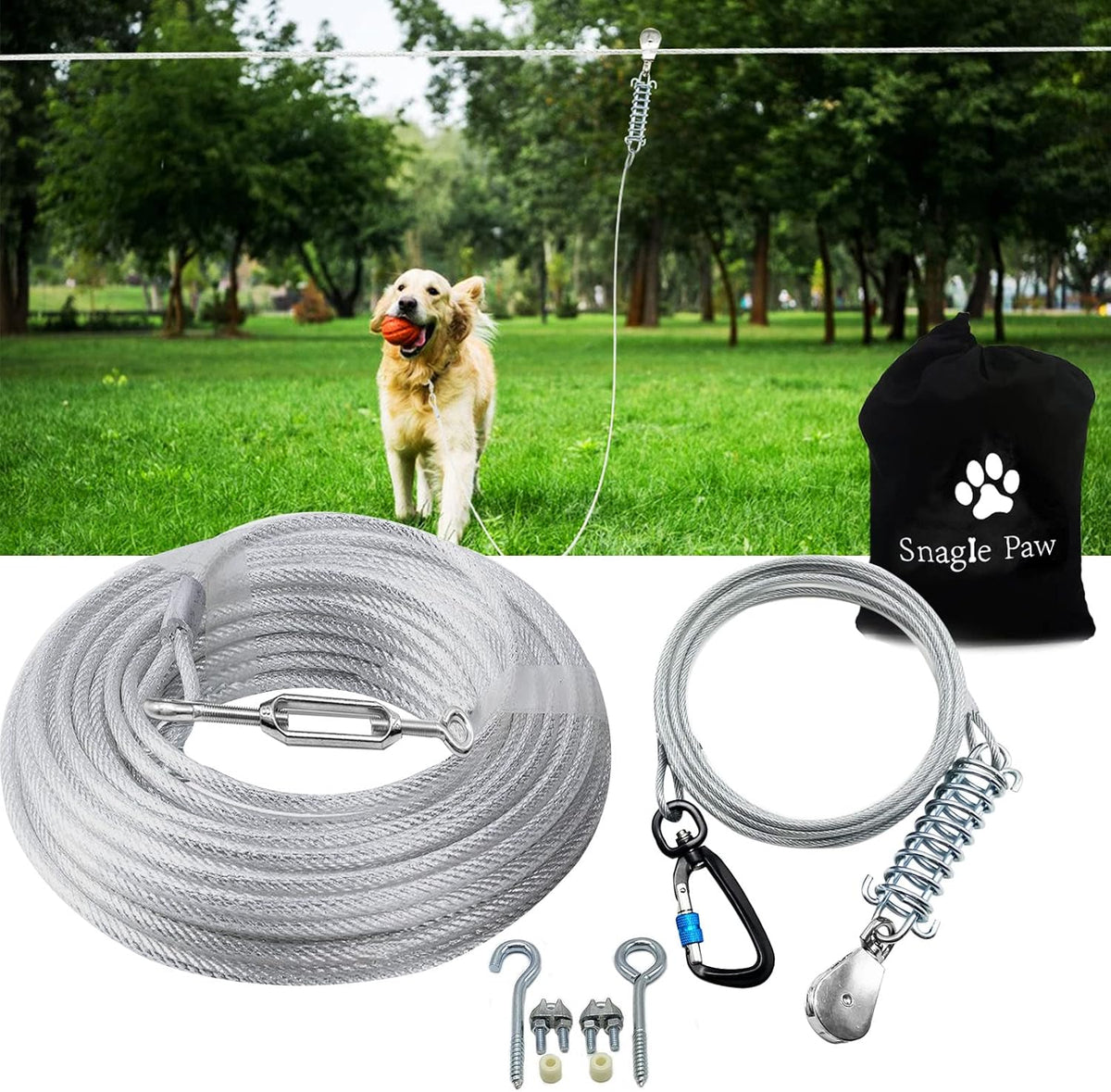 Dog Tie Out Runner for Yard, Trolley System for Large Dogs - Silver for 250lbs dogs / 150ft run cable+10ft tie out cable