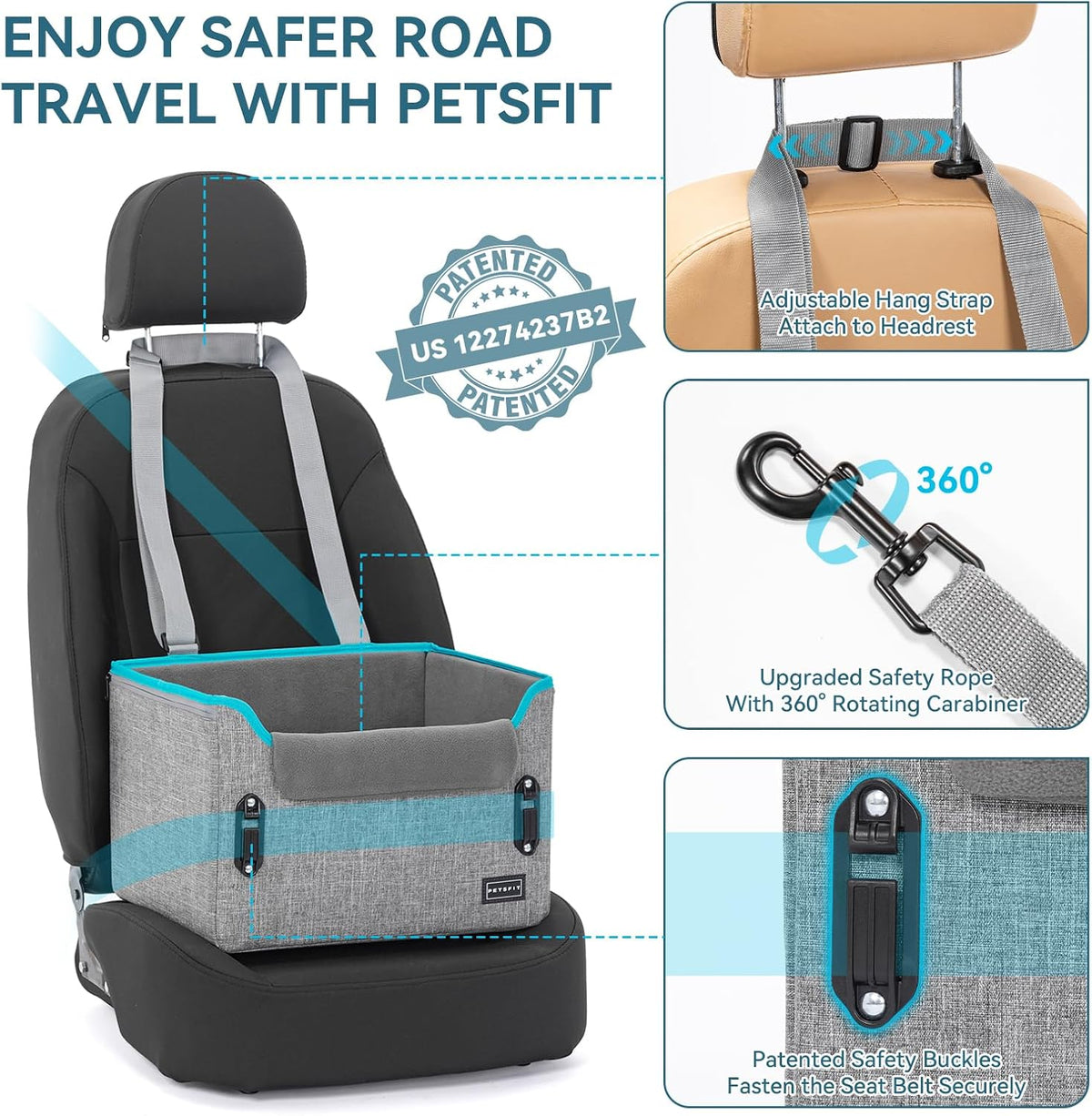 PETSFIT Dog Car Seats for Small Dogs, Patented Safety Buckles - Oxford Cloth / Grey - image 4