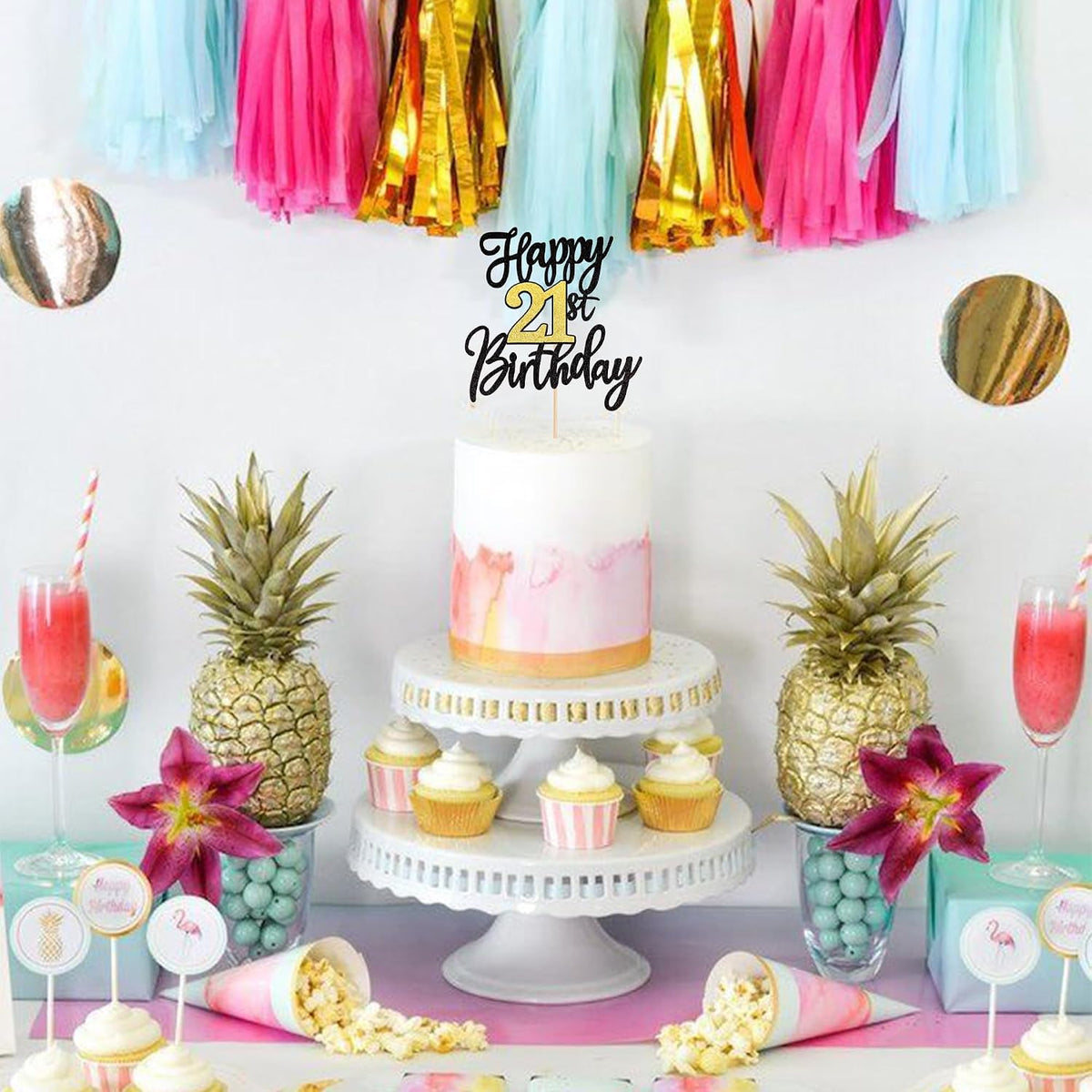 1 PCS Happy 60th Birthday Cake Topper Black Gold Glitter Cheers to 60 - 21st New - image 4