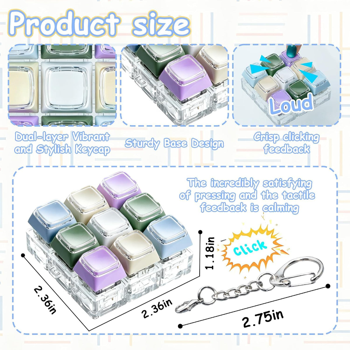 XiawaLangzhuo cat paw keyboard fidget toy, 9-in-1 clicker keychain in white and purple - view 21