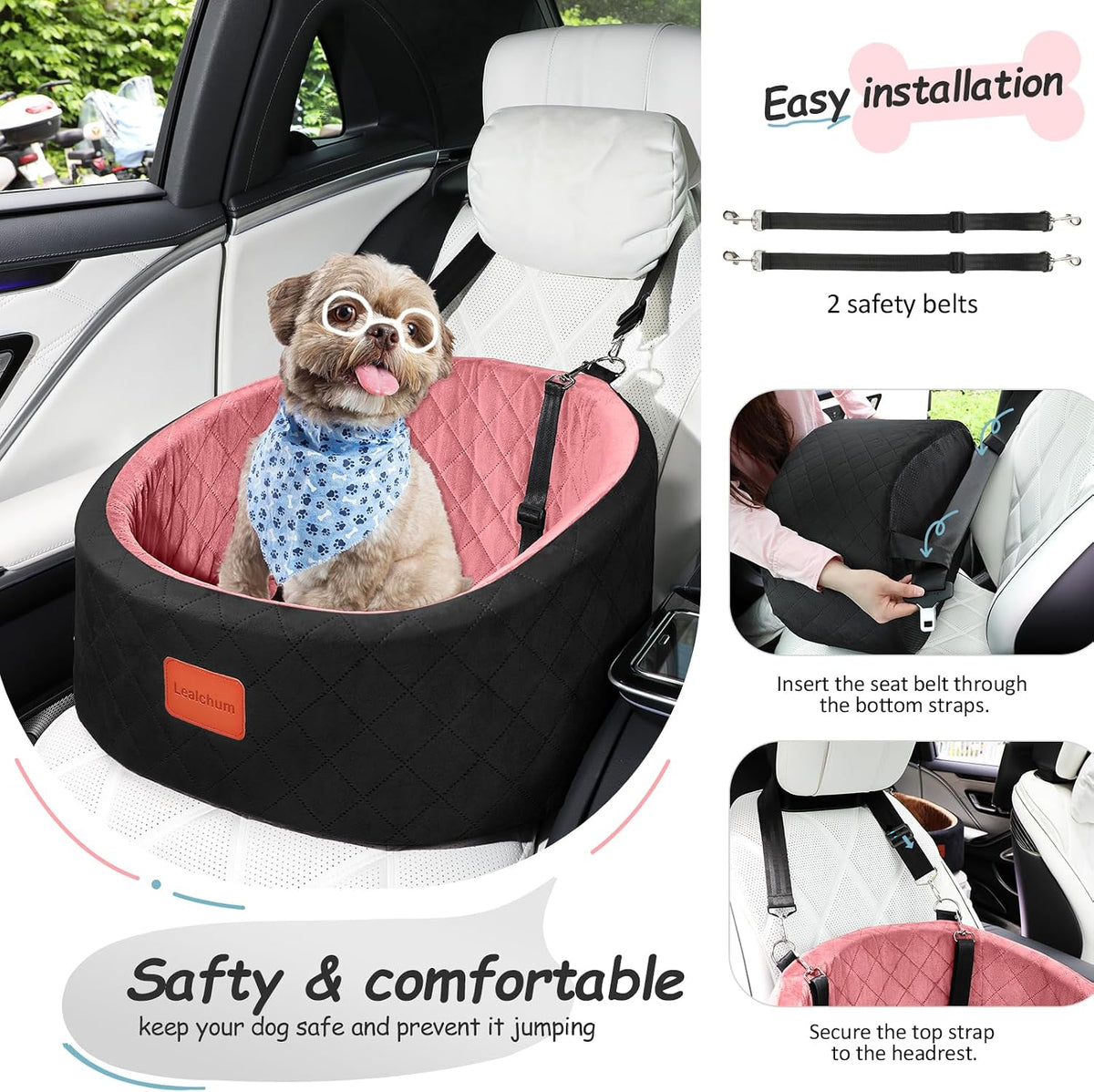 Lealchum Dog Car Seat for Small Dogs Up to 30 Lbs with 2 Safety Dog - Black/Pink / Small - image 4