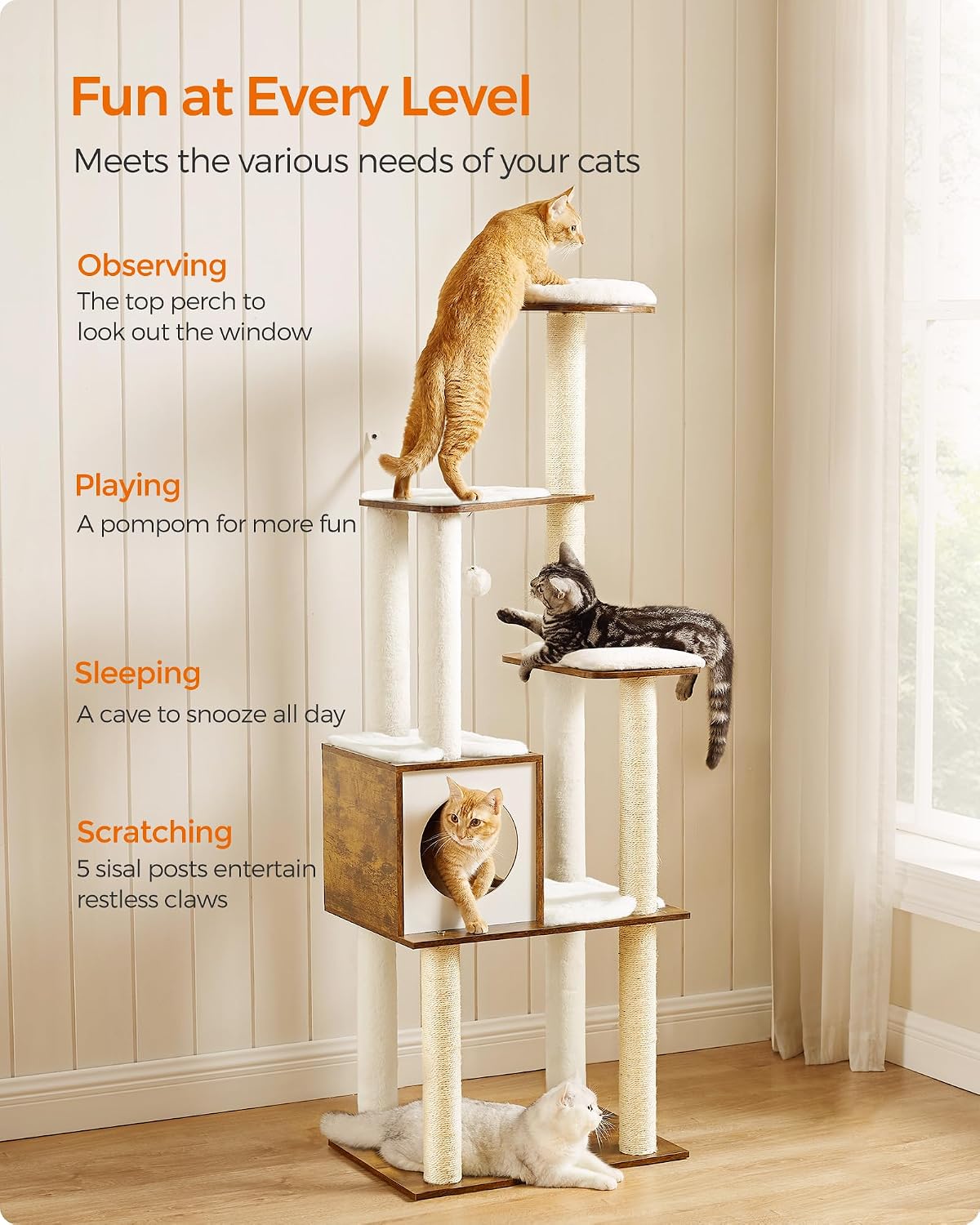 Feandrea Cat Tree, 64.6-Inch Multi-Level Tower with 5 Scratching Posts – Essentials for Cats - Rustic Brown - image 3