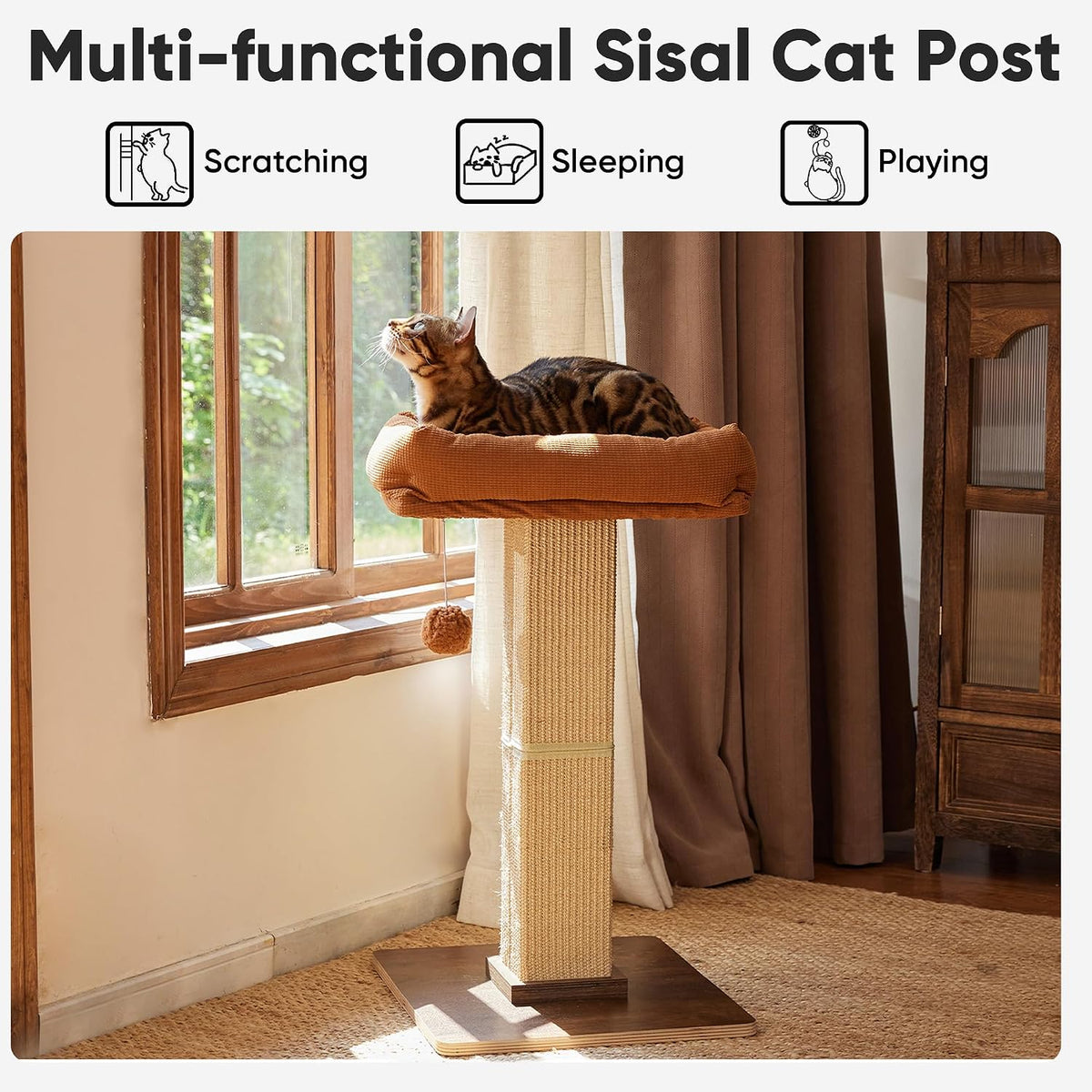 FUKUMARU Retro-Style Cat Scratching Post with Perch for Indoor Adult - Brown - image 2