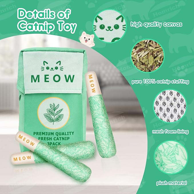 Homrich Catnip Toys for Cats, 3-Pack Funny Cat Toys Filled with 100% Pure Organic Catnip, Safe Kitten Teething Chew & Kicker Toys - Interactive Cat Toys for Bored Indoor Adult Cats