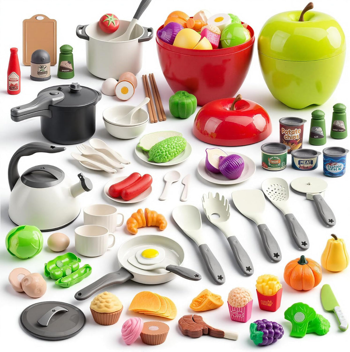 130Pcs Kitchen Playset, Toddler Pretend Cooking Play Pots, Pans - White / 100 Pcs