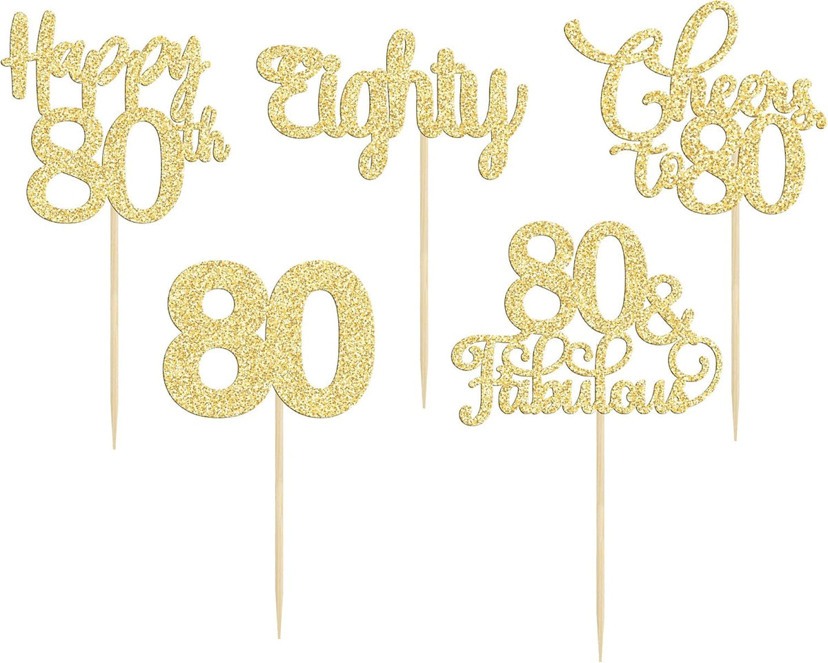 30 Pack Happy 80th Birthday Cupcake Toppers Gold Glitter Eighty - 80th / Gold - image 3