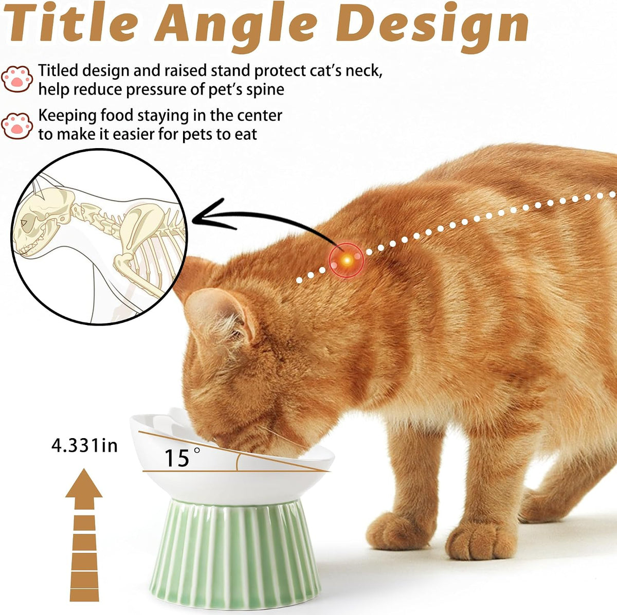 Ceramic Raised Cat Bowl，Tilted Raised Cat Bowl Anti Vomit Cat Bowls - Green - image 3