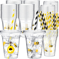Teenyyou 12 oz clear plastic party cups with dirt bike design, lids and paper straws - view 4