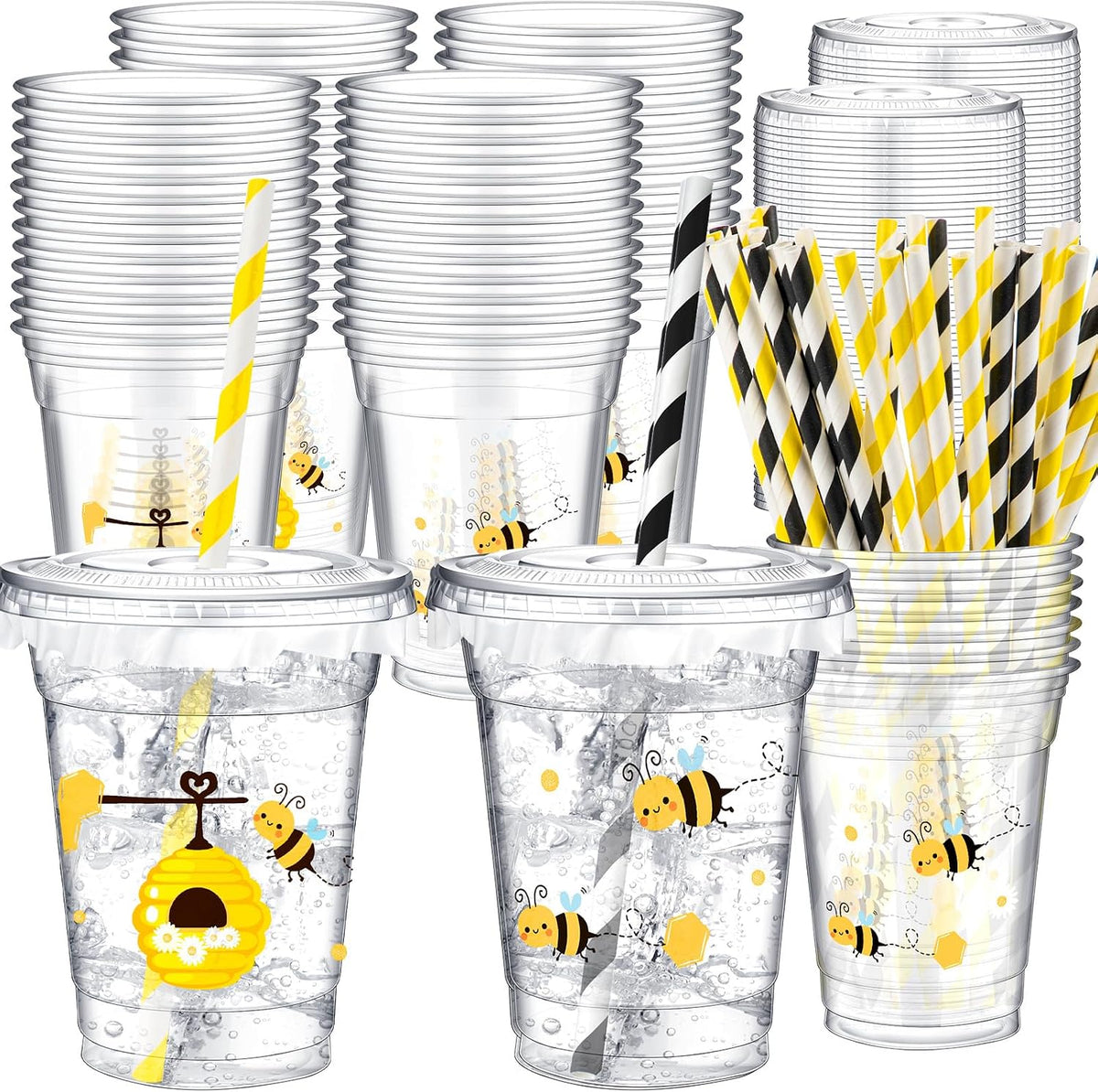 Teenyyou 12 oz clear plastic party cups with dirt bike design, lids and paper straws - view 4