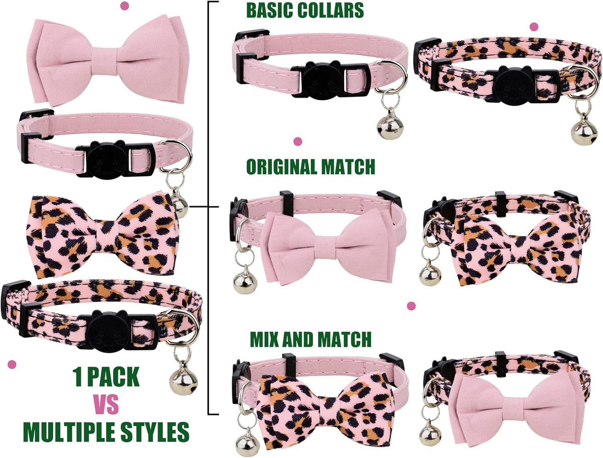 Collar for Cat Pet Breakaway with Bell Bowtie Detachable Bow - Leopard & Pure-Pink - image 2