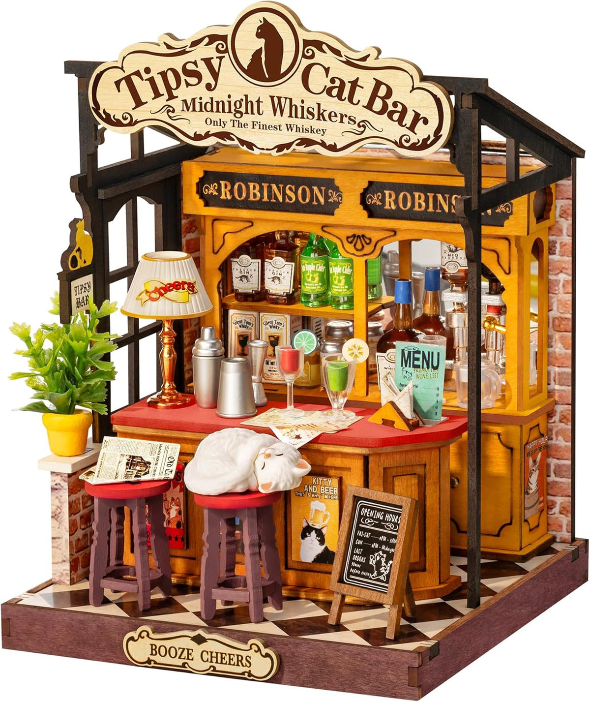 Rolife Tipsy Cat Bar DIY miniature kit, layered mini bar scene for a bookshelf - view 5