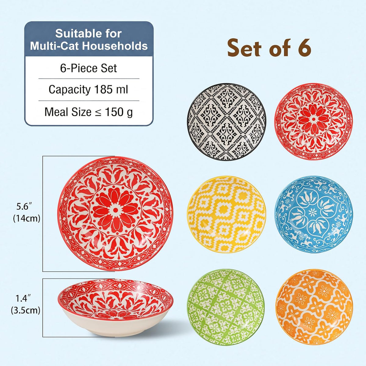Ceramic Cat Food Bowls 6 Pack - Floral 2 - No Pads - image 2