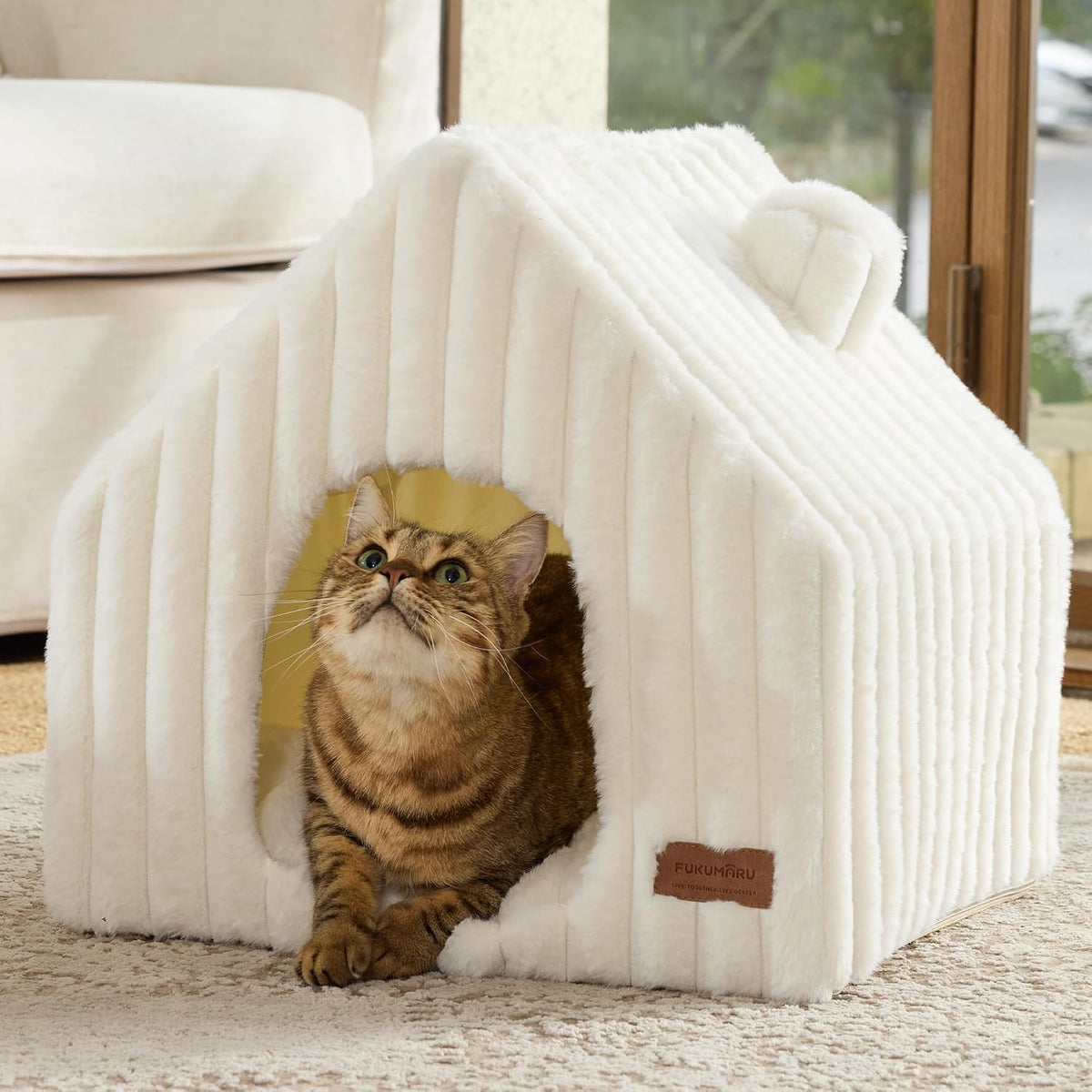 FUKUMARU Cat Bed Cave, Enclosed Washable Covered Dog Bed with Support Frame – Essentials for Cats - Cream / 17 Inch (Cats up to 15 lbs, Dogs up to 10 lbs)