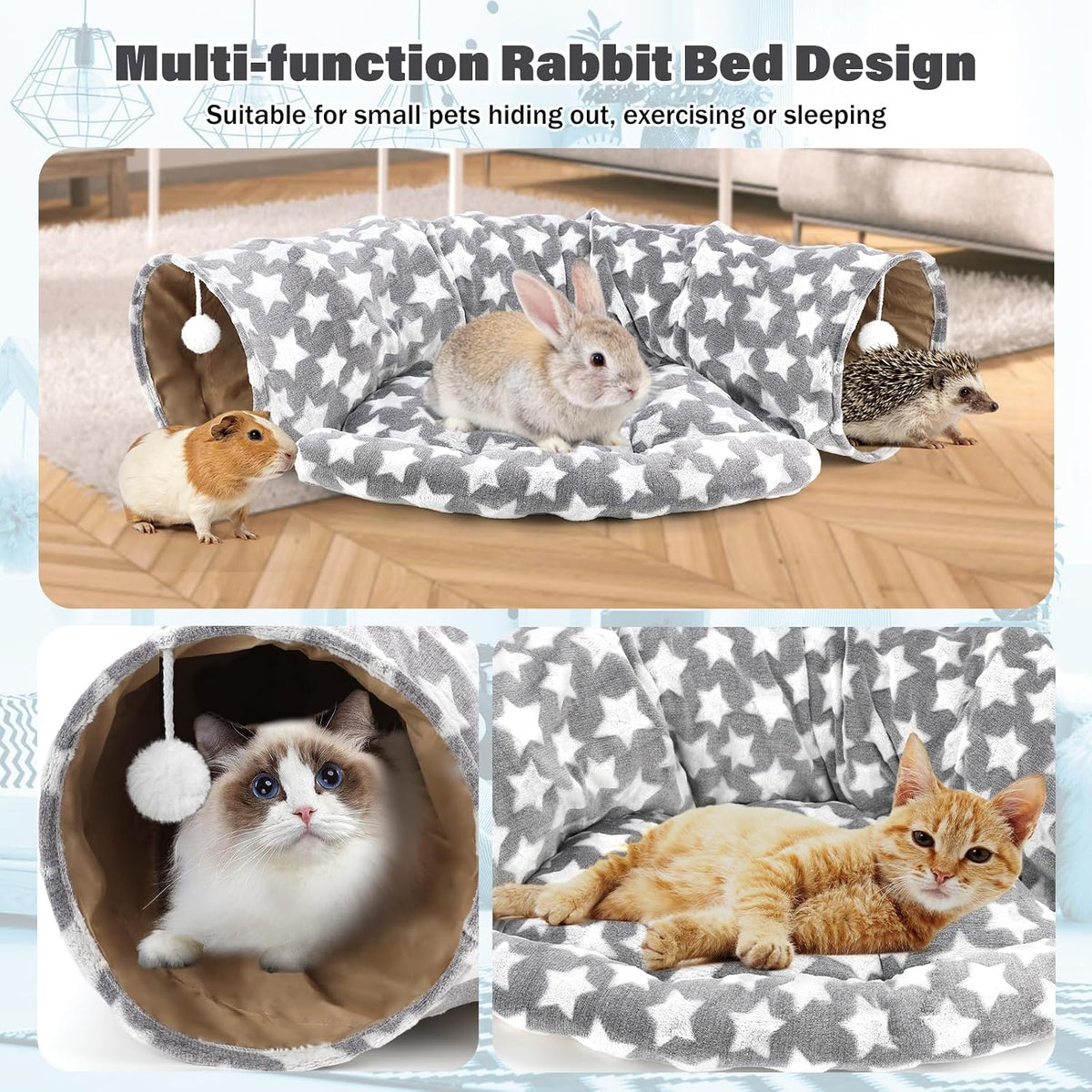 Bunny Tunnel Bed, 2-in-1 Collapsible Rabbit Tunnel Hideout with Mat – Essentials for Small Pets - Greystar - image 4