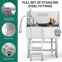 YITAHOME Dog Grooming Bathtub 38in, Professional 304 Stainless Steel Dog Bathing Station Tub w/Left Stairs, Faucet, Floor Grate, Pet Washing Station for Small, Medium, Indoor, Outdoor