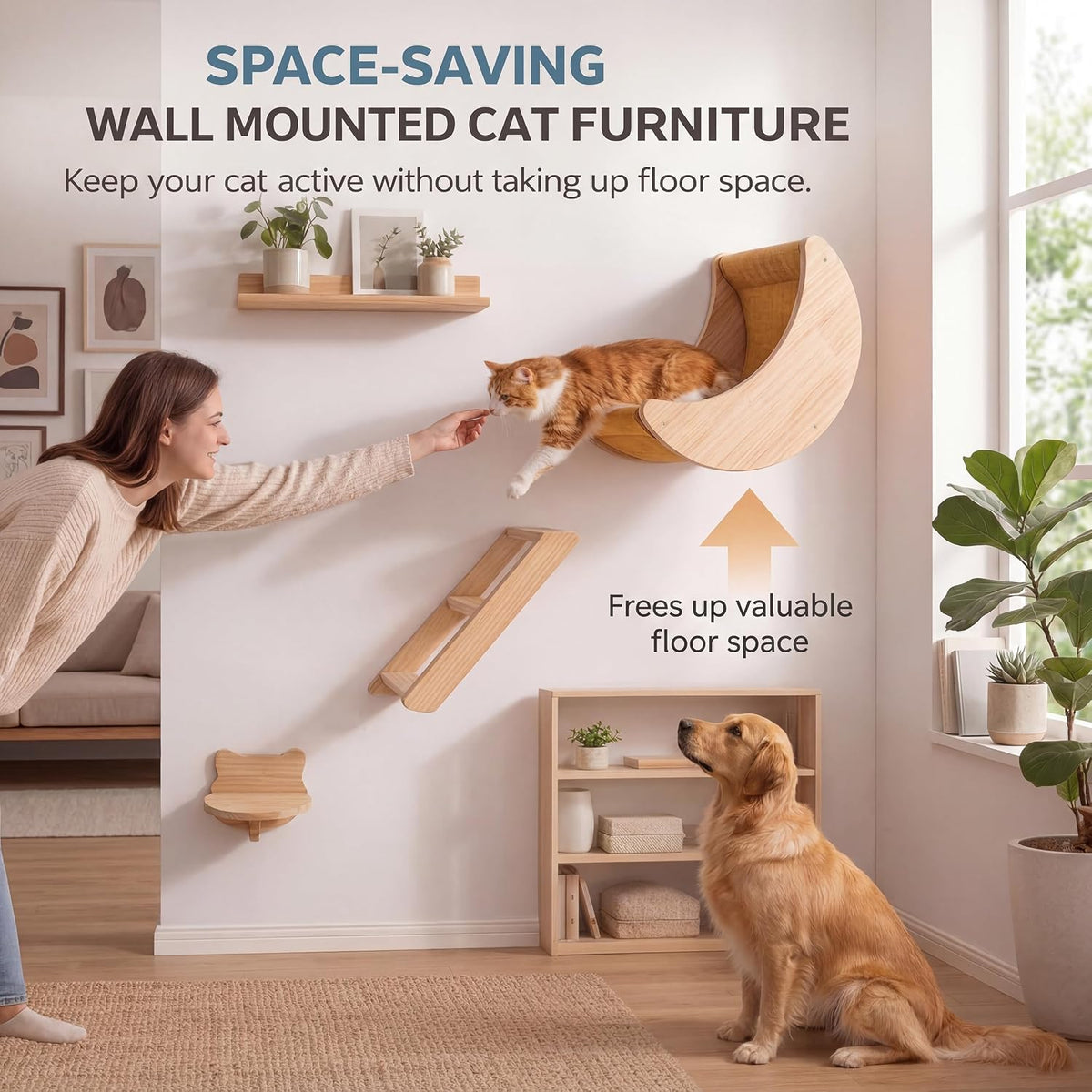 Cat Wall Shelves Set, Solid Wood Moon Bed - moon bed with 3-levels ladder - image 2