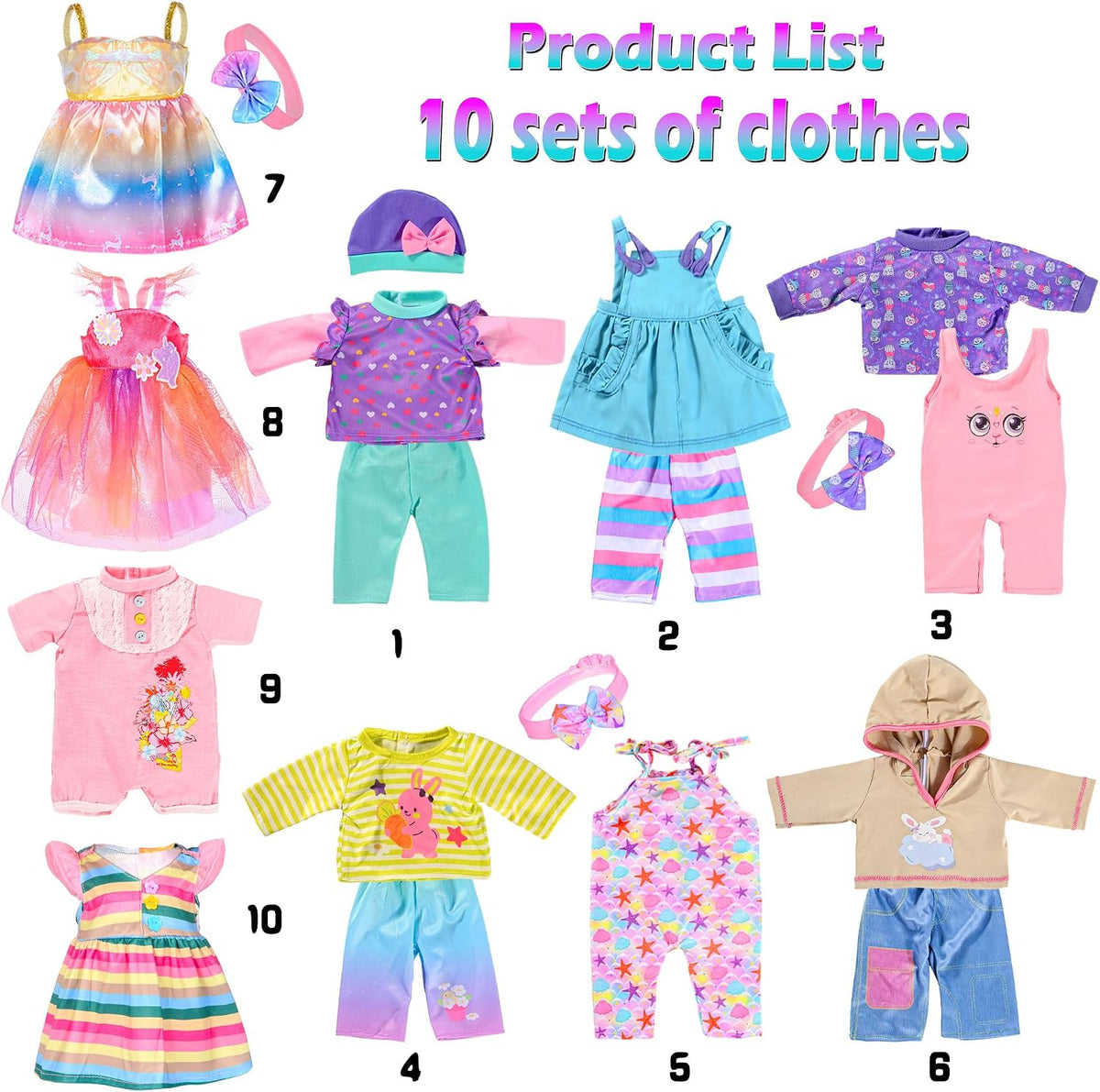 10 Sets Baby Doll Clothes and Accessories Include Rompers Outfits - 10 Sets Clothes - image 2