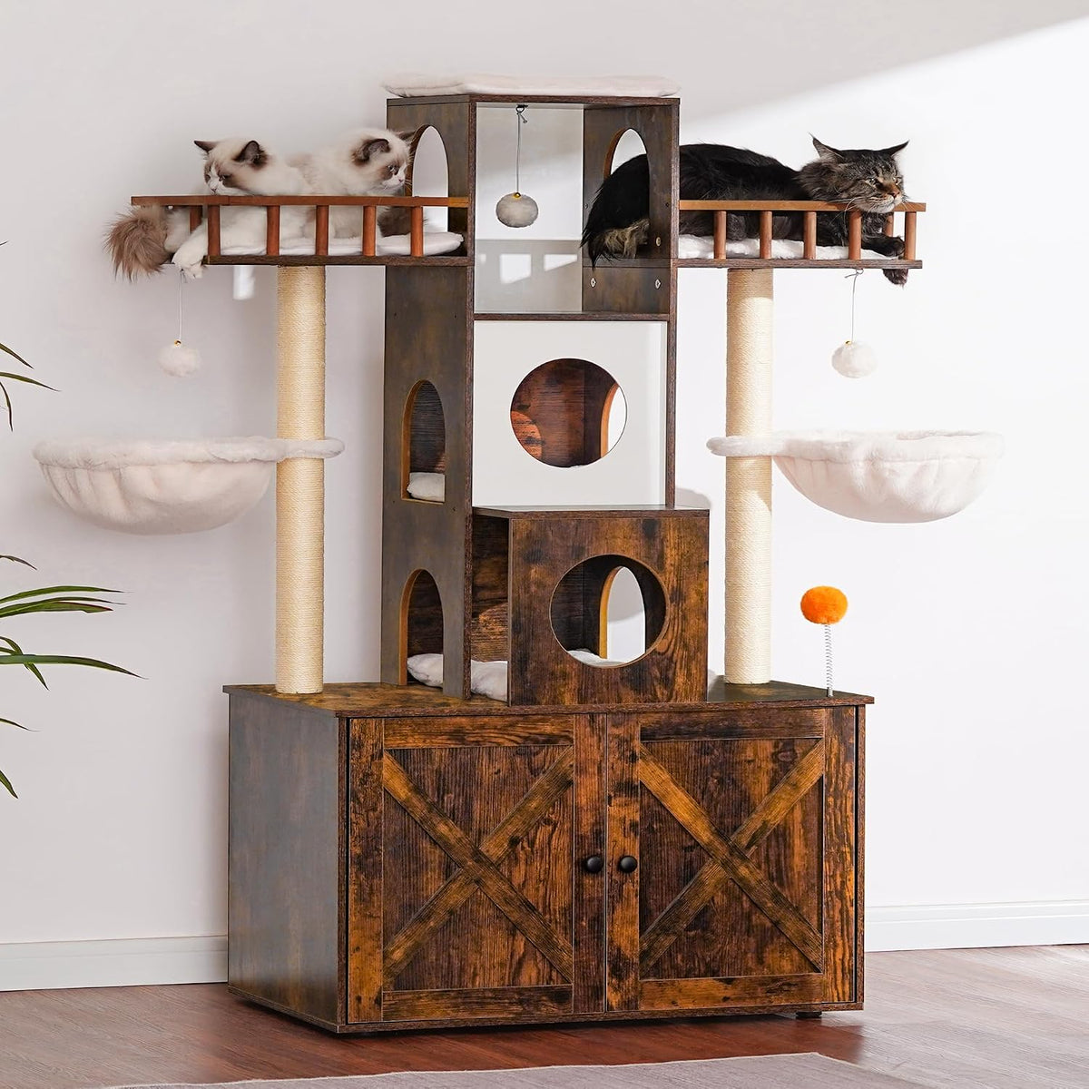 Heybly Cat Tree with Litter Box Enclosure for Indoor Big Cat HCT110SG – Essentials for Cats - Rustic Brown / 60 inch - image 4
