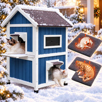 2-Layer Outdoor Cat House with Soft Mat - Blue-with Mat