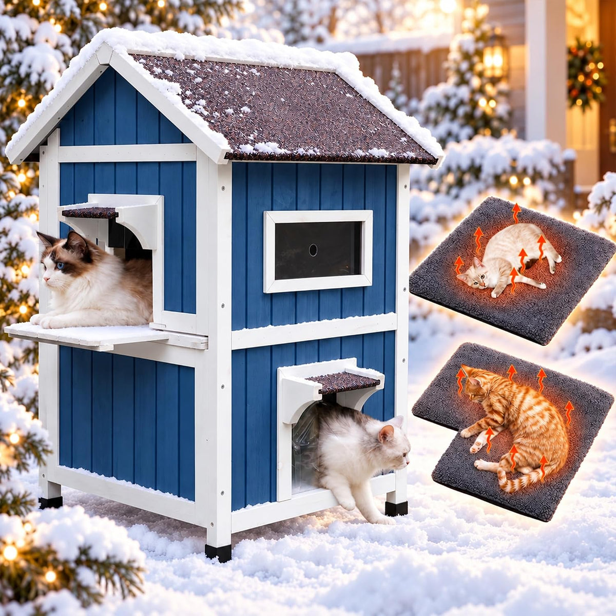 2-Layer Outdoor Cat House with Soft Mat - Blue-with Mat