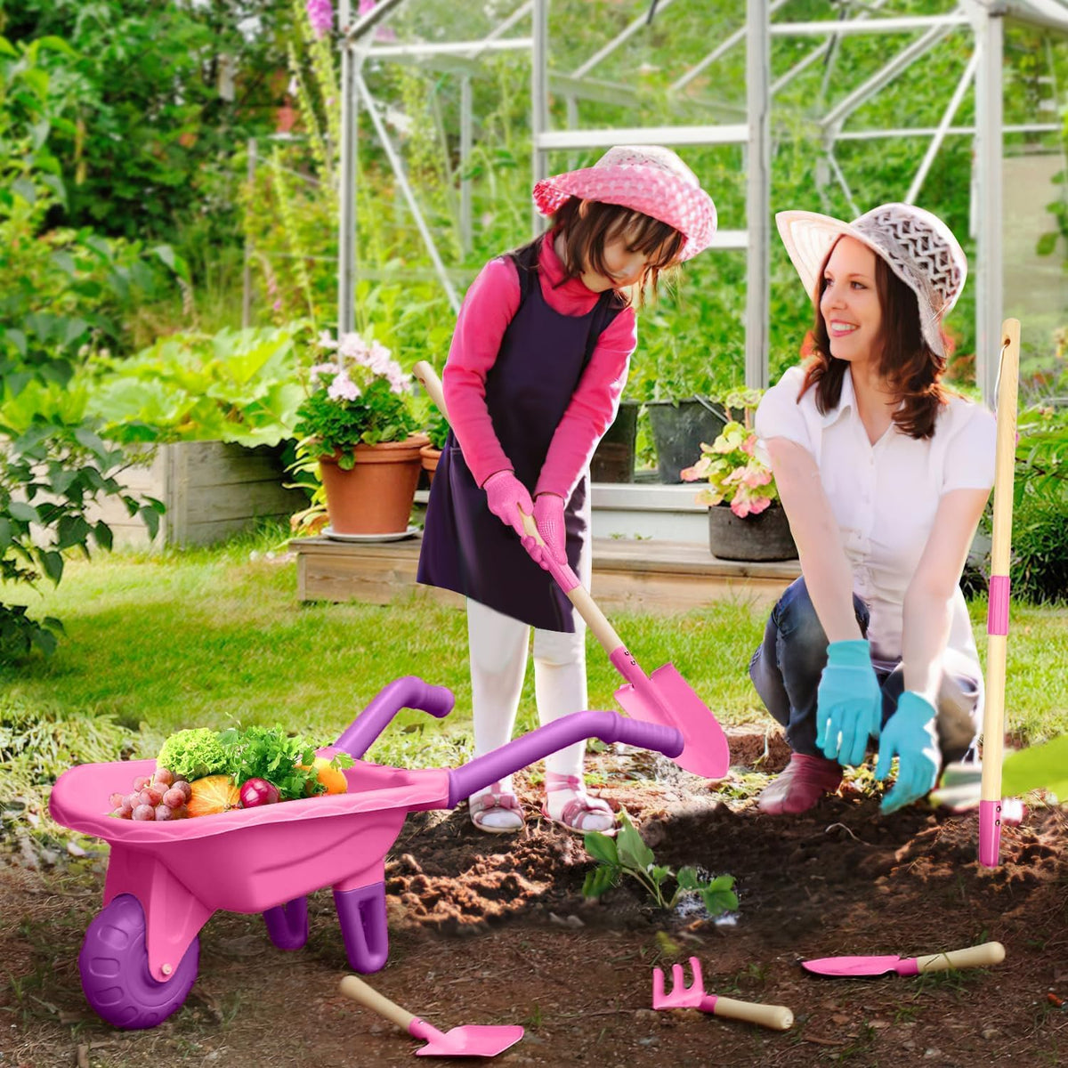 Qtioucp Kids Gardening Set with Wheelbarrow - Rose Red - image 4