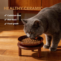 Elevated Cat Bowls, Ceramic Cat Bowl with Bamboo Stand Wide Opening – Essentials for Cats - Brown / Stripe x1 + Acacia Wood - image 4