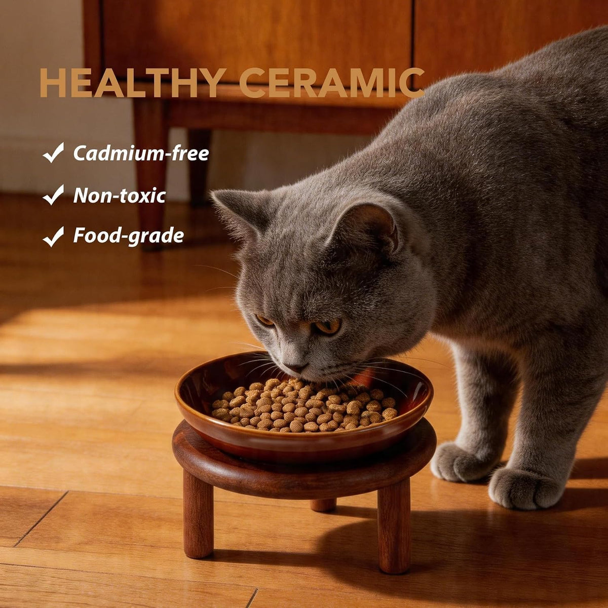 Elevated Cat Bowls, Ceramic Cat Bowl with Bamboo Stand Wide Opening – Essentials for Cats - Brown / Stripe x1 + Acacia Wood - image 4
