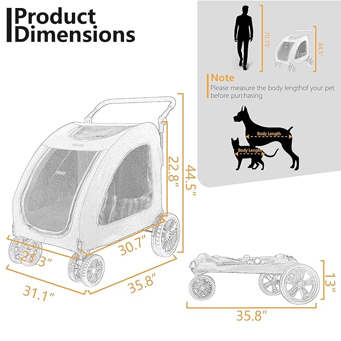 Extra Large Dog Stroller for Medium & Large Pets - Foldable Design, Adjustable Handle, Up to 130 lbs(Blue)