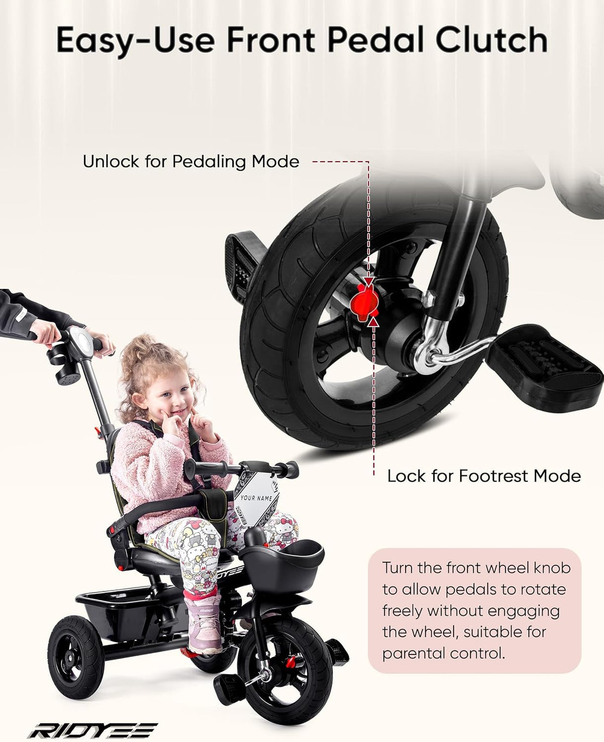 RIDYEE 7-in-1 toddler tricycle with push handle, canopy and rubber tires - view 15
