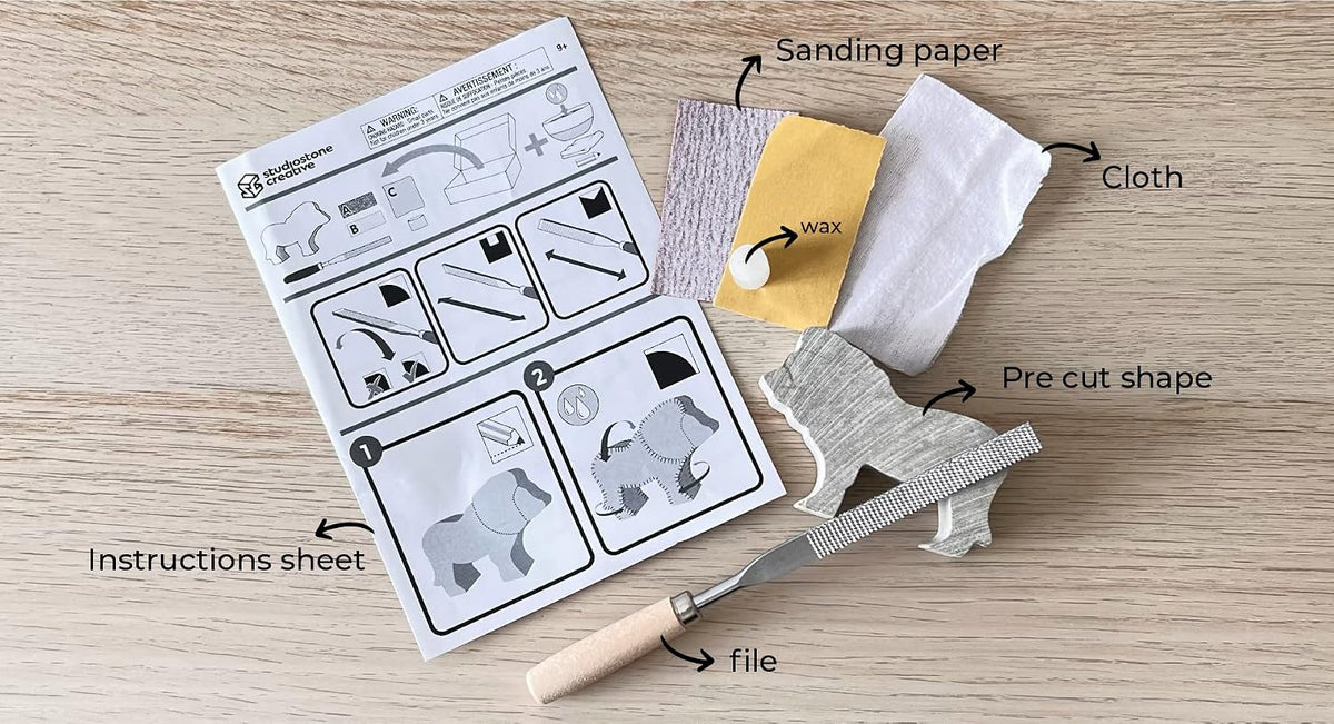 Studiostone Creative soapstone carving kit with pre-cut cat block, file and sandpaper - view 4