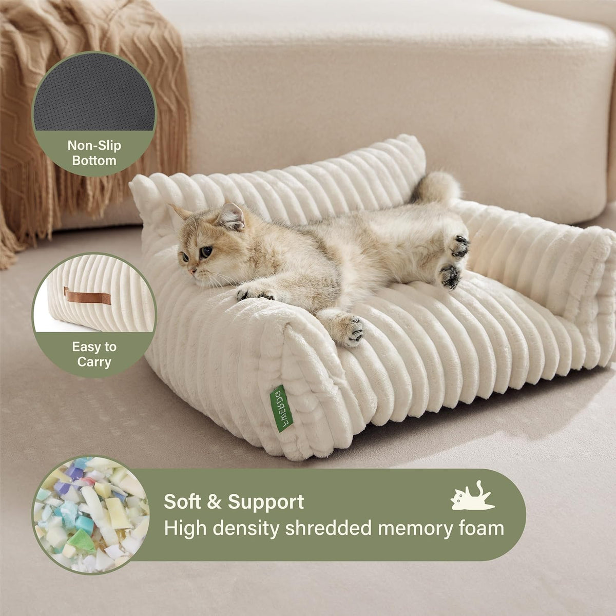 Cute Couch Bed for Pets, Supportive Cat Sofa for Indoor Cats - 30.0"L x 20.0"W x 10.0"Th / Cream - image 4