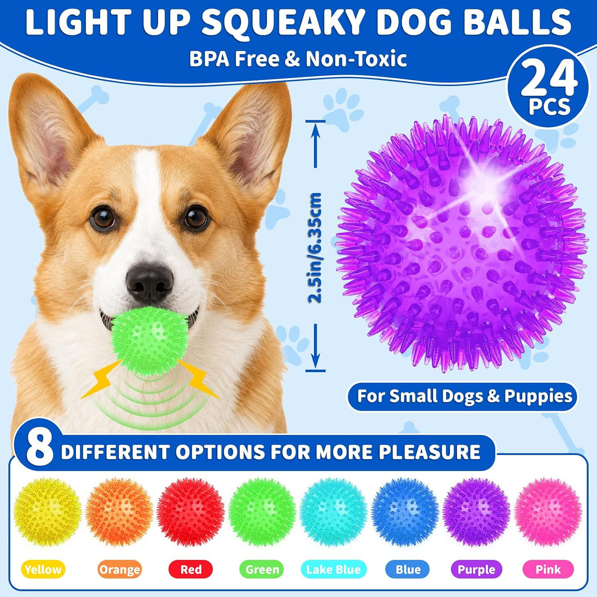 36 Pcs 2.5 in Squeaky Dog Toy Balls Spiky Dog Balls Chew Toy - 2.5in / LED – 24 Pcs - image 2