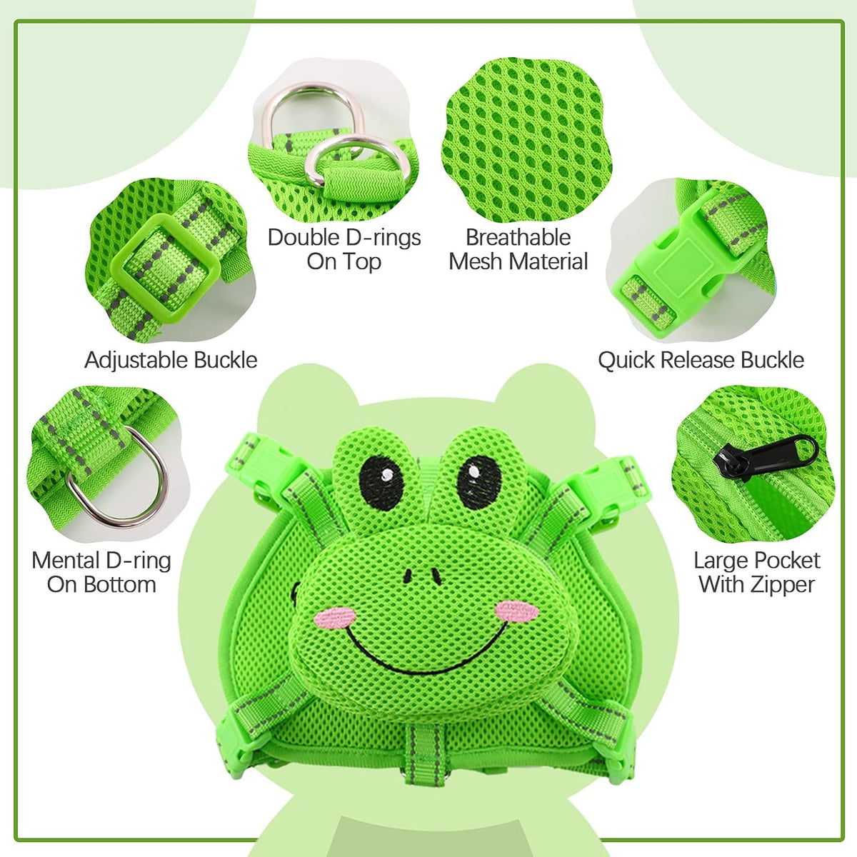 Dog Backpack Harness, No-Pull Dog Backpack with D-Ring, Frog, M - Green Frog / Small - image 3