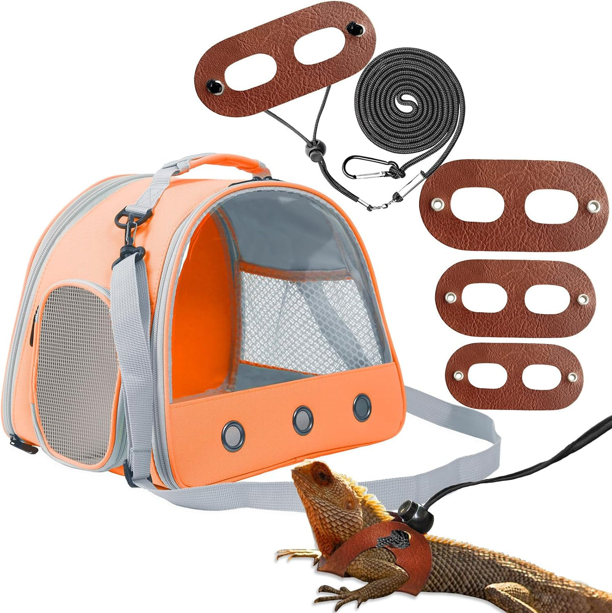 Bearded Dragon Travel Backpack with Harness and Leash Set - Orange / Carrier+LSH Brown