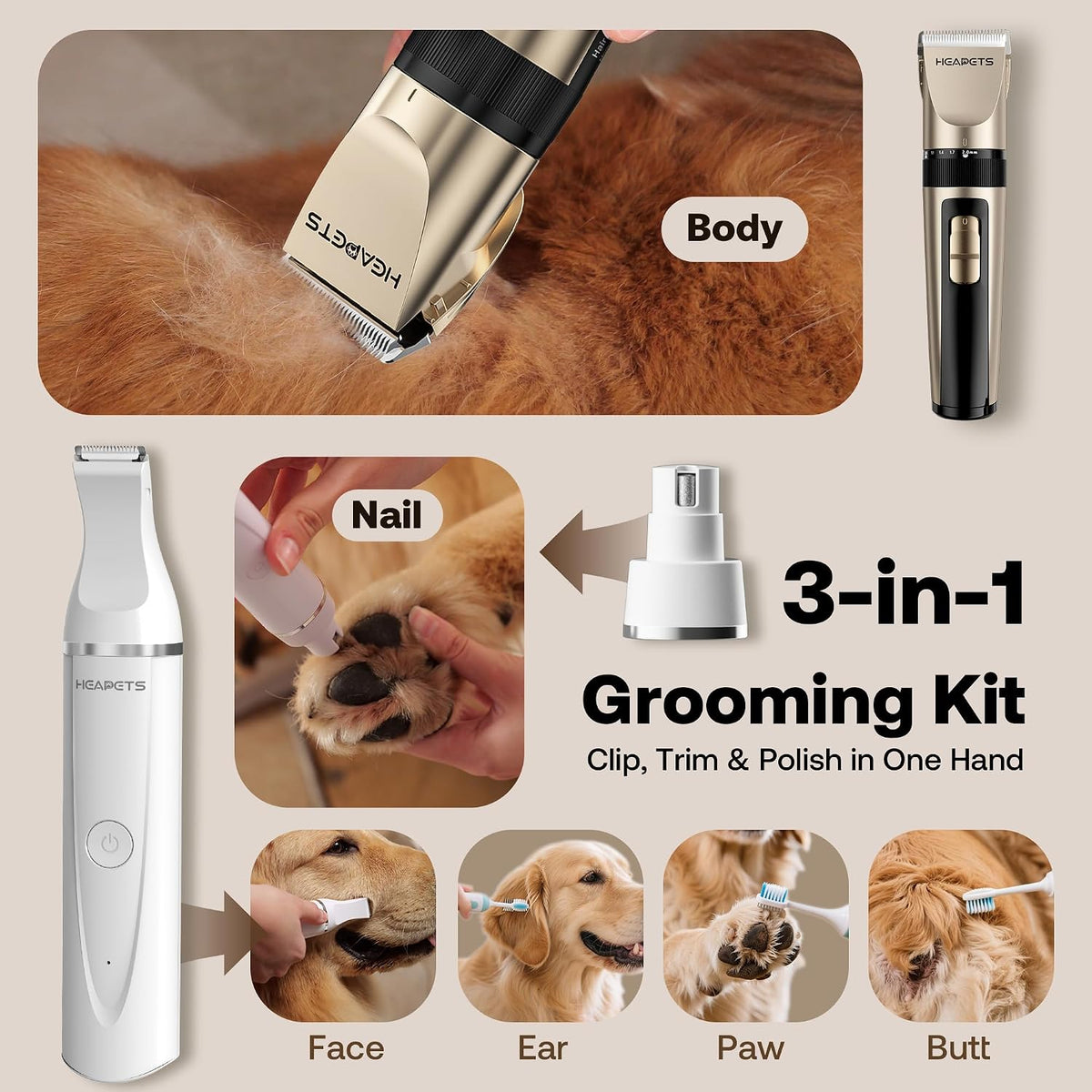 HEAPETS Dog Hair Clippers for Grooming Kit and Dog Paw Trimmer Nail - Gold-white - image 2