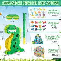 Hanaive green dinosaur piñata set with blindfold, baton, rings, slap bracelets and stickers - view 2