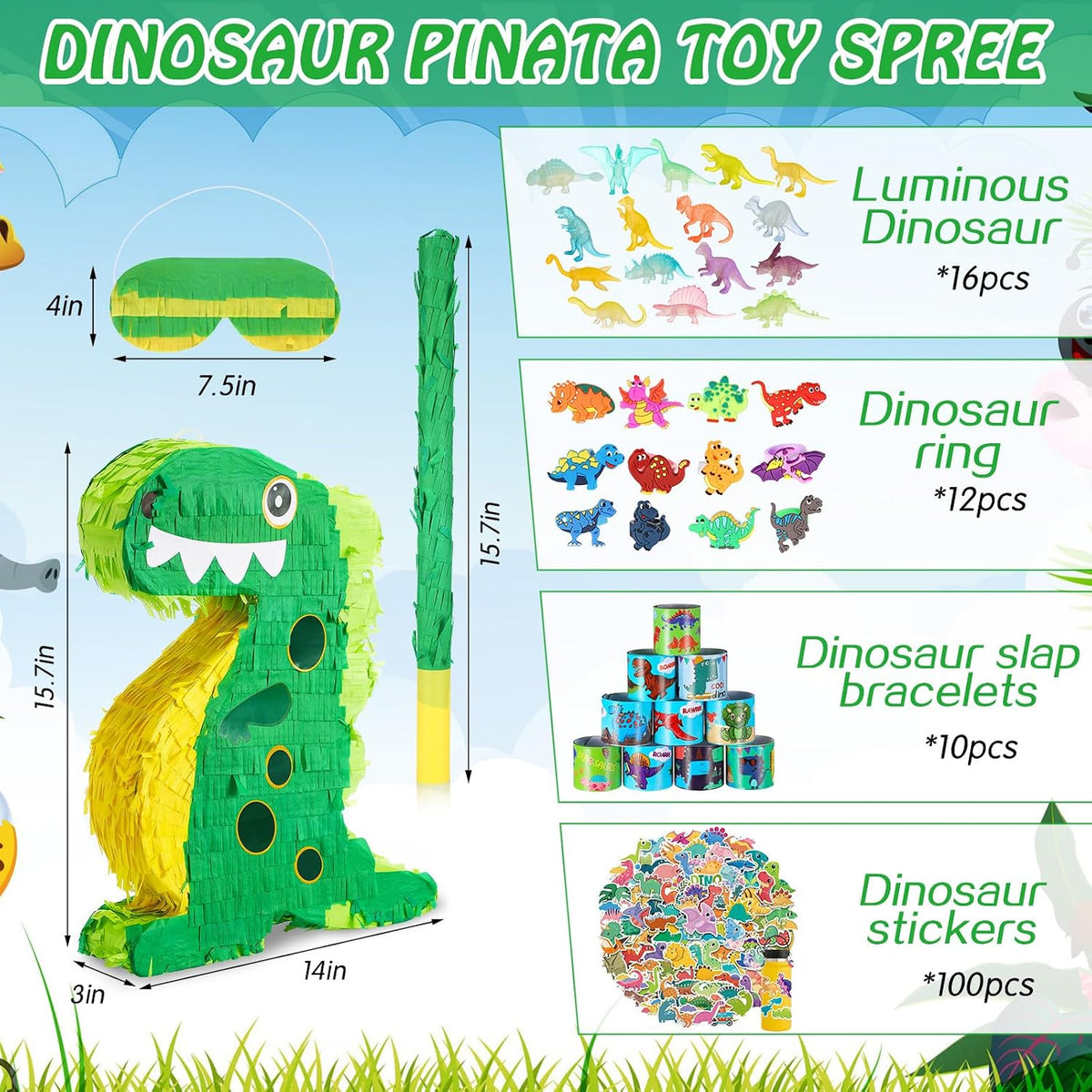 Hanaive green dinosaur piñata set with blindfold, baton, rings, slap bracelets and stickers - view 2