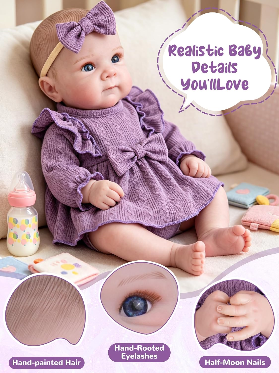 EKOKIZ blue reborn baby doll dress set with hairband and shoes for 17 to 20 inch dolls - view 36