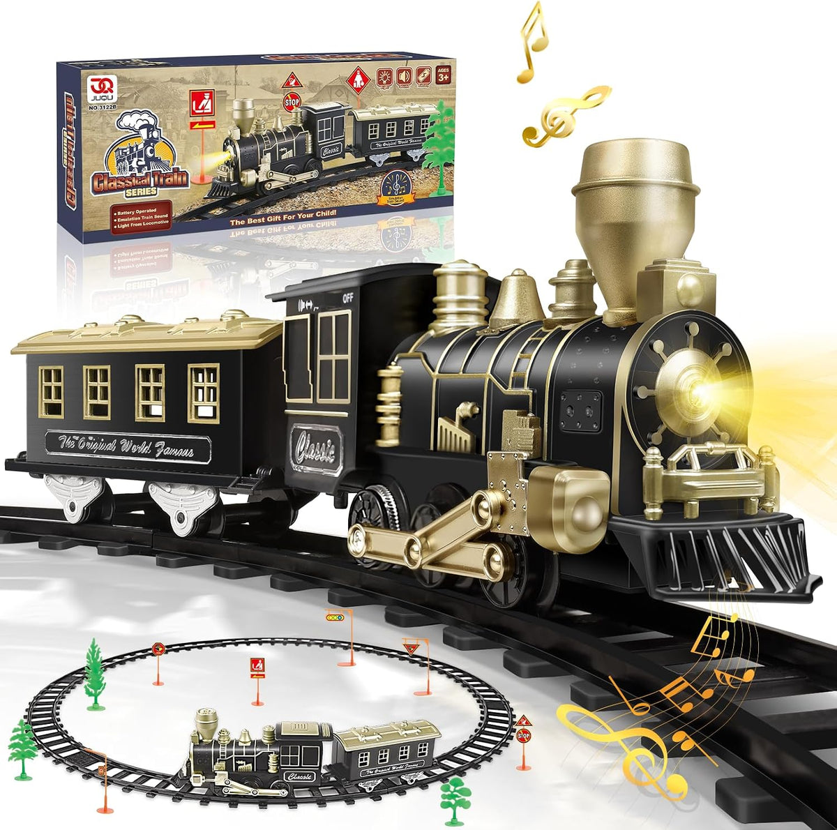 JUQU Train Set, Battery Operated Model Train Toy with Light - Black Gold