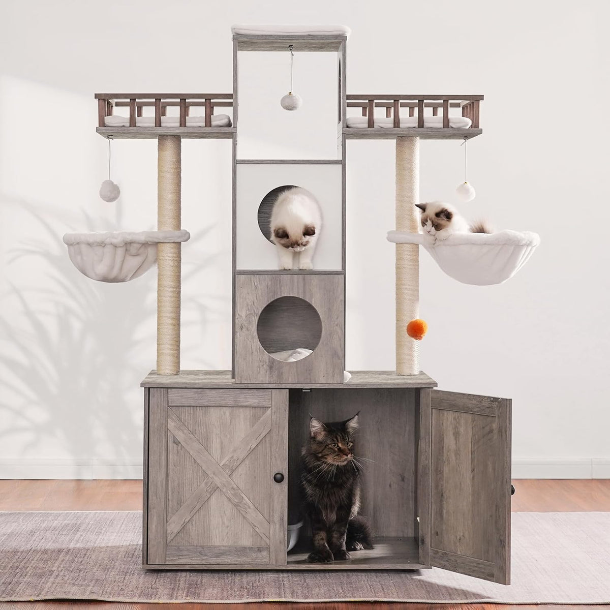 Heybly Cat Tree with Litter Box Enclosure for Indoor Big Cat HCT110SG – Essentials for Cats - Rustic Gray / 60 inch - image 4