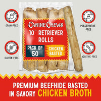 Canine Chews 10" Chicken Basted Dog Rawhide Retriever Rolls (50 Pack) - Natural Beef Dog Rawhide Chews - Healthy Dental Chews
