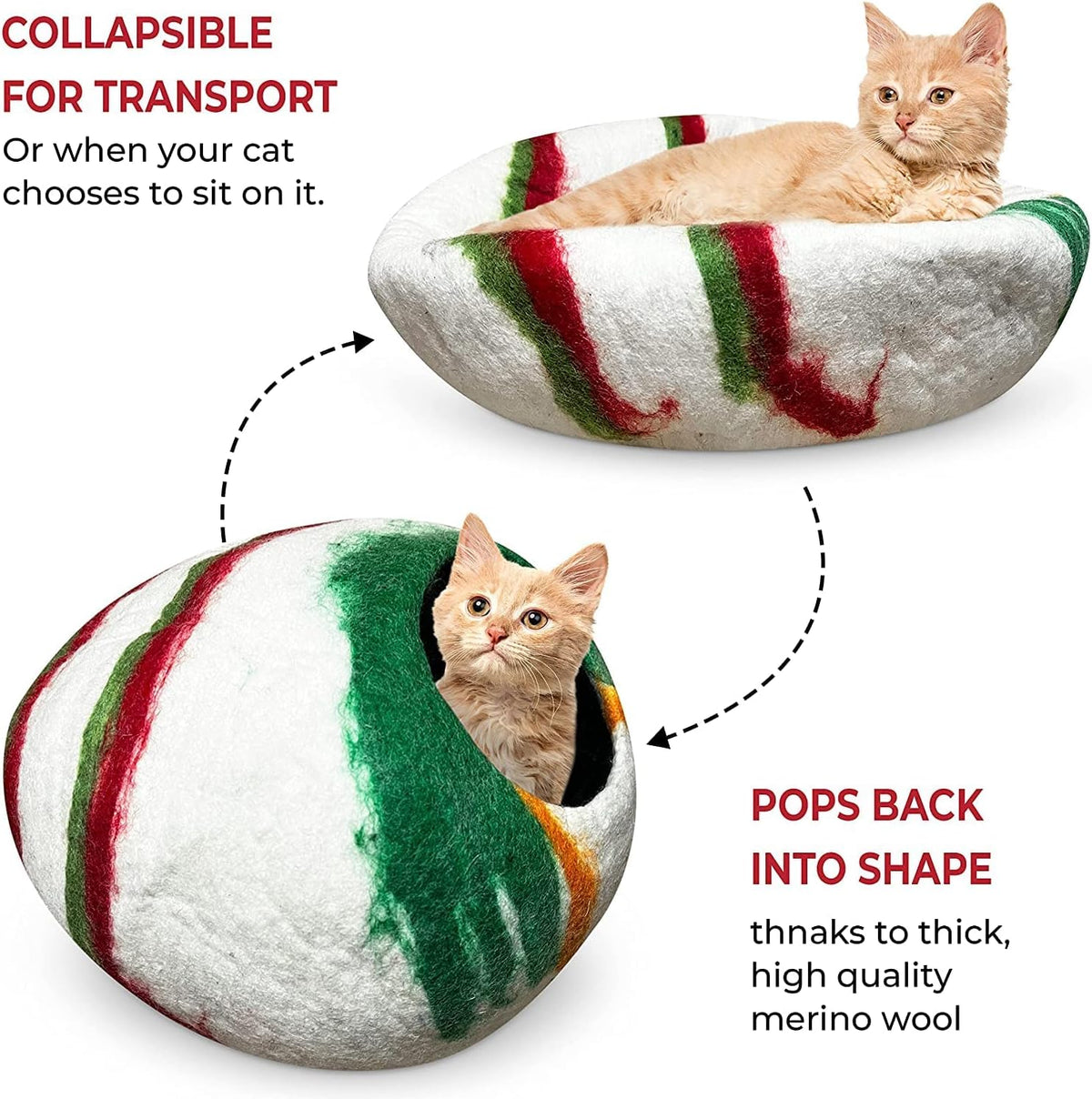 Woolygon Felt Cat Cave Bed, Merino Wool, Handcrafted – Essentials for Cats - Candy Swirl - image 3