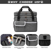 BAGLHER Dog Travel Bag for Supplies - Double-Layer Airline Approved Weekend Pet Travel Organizer Set for Dog and Cat Tote with 2 Pet Food Containers and 2 Collapsible Silicone Bowls Grey