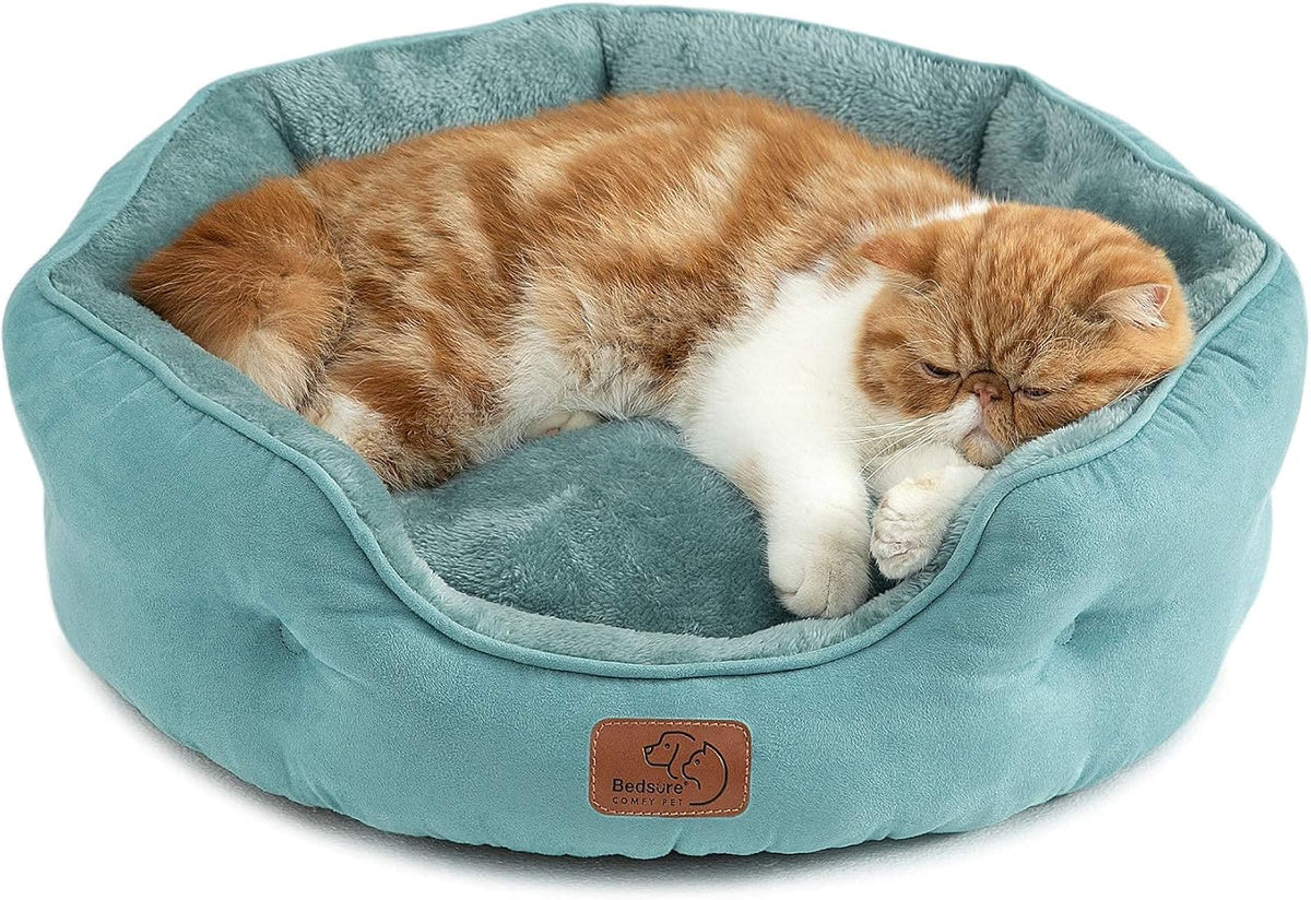 Bedsure Small Dog Bed Washable, Round Cat Beds for Indoor Cats - 20"L x 19"W x 6"Th / Washed Blue
