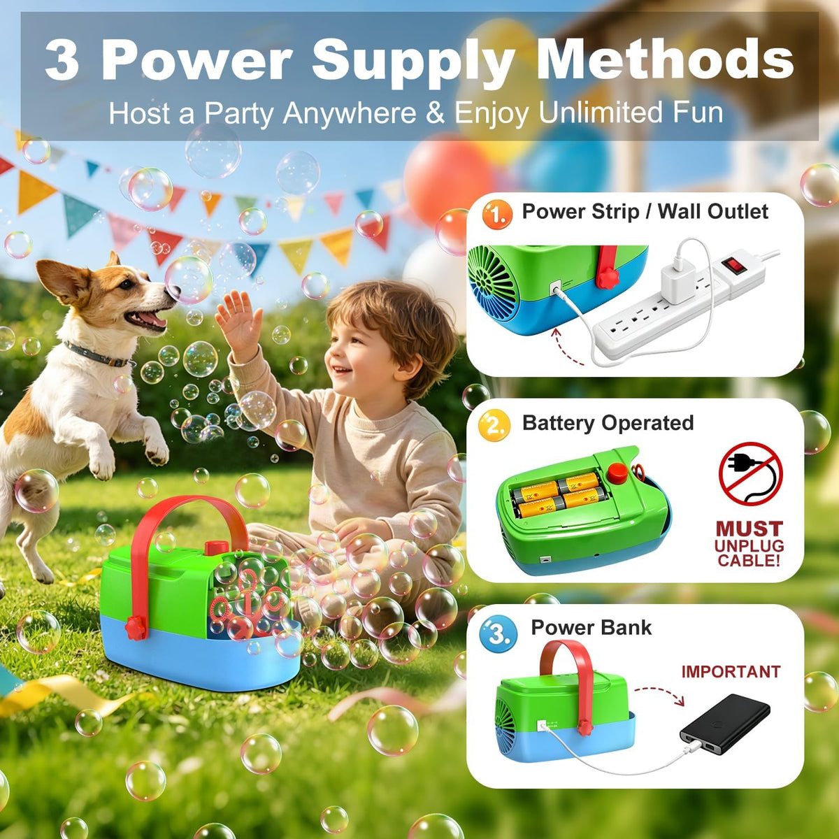 Zerhunt Durable Bubble Machine for Party: 3 Power Modes for Non-Stop - Green Blue - image 2