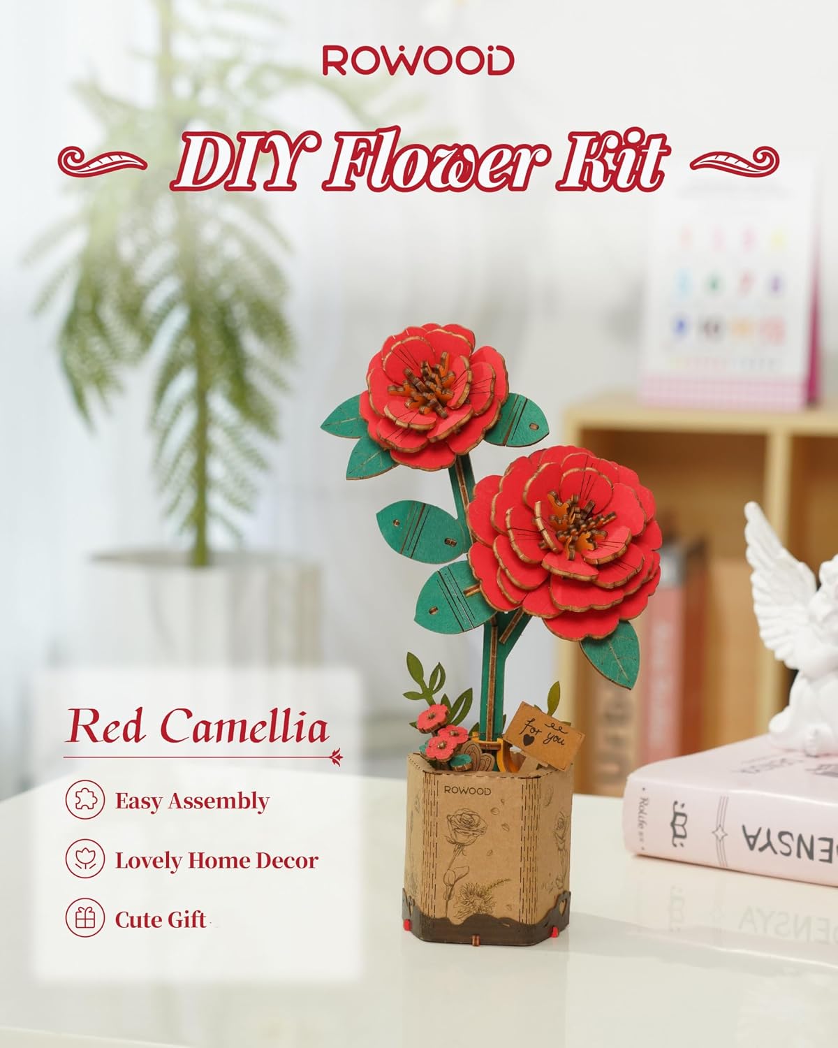 rowood 3D Puzzles for Adults - Red Camellia - image 2