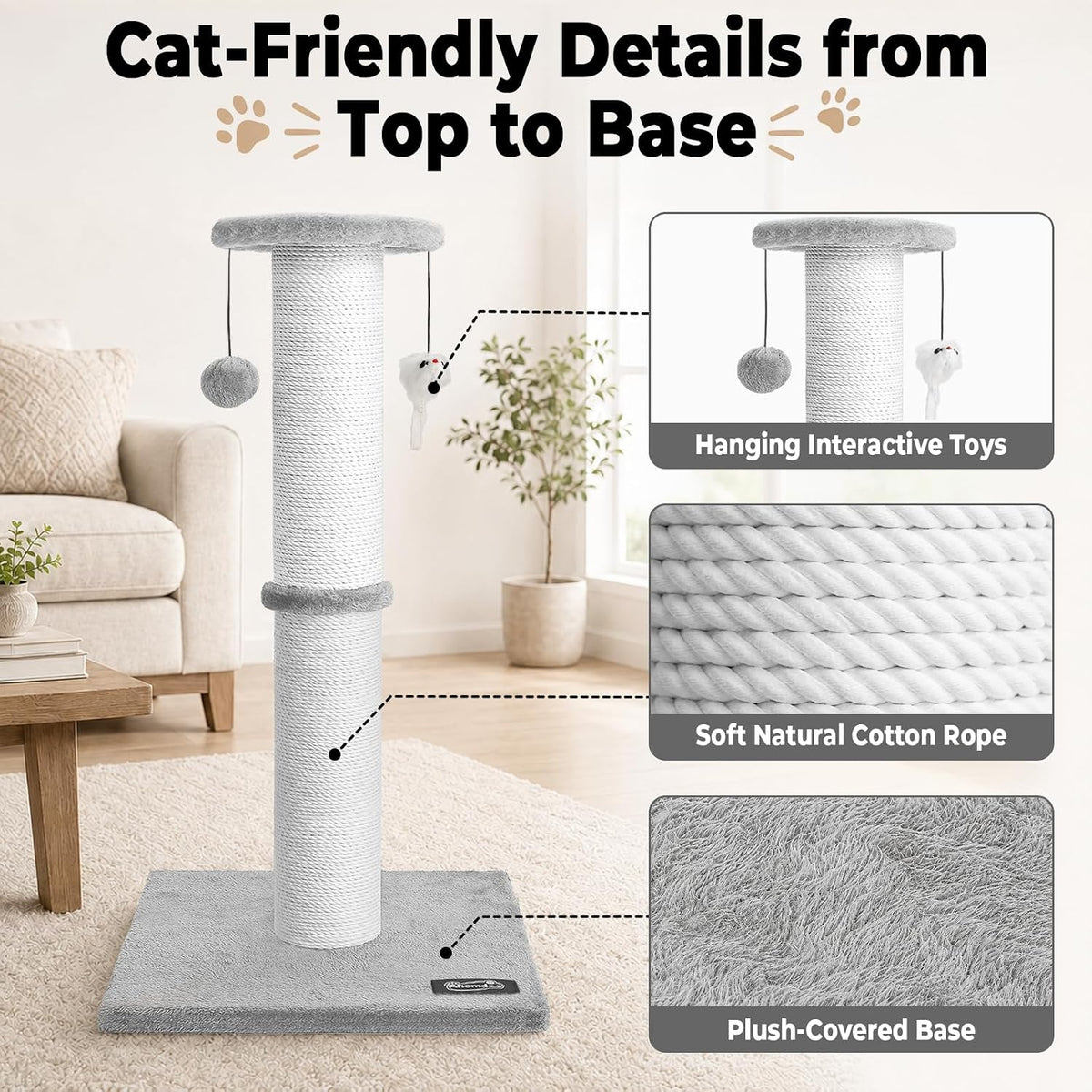 34-Inch Tall Cat Scratching Post for Large Cats, Stable Base - Light Gray - image 4
