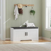2-Tier Storage Bench, Shoe Bench with Thickened Padded Seat Cushion, Entryway Bench with 2 Doors, Adjustable Shelf, 13.8" D x 37.4" W x 18.5" H, for Entryway, Living Room, Bedroom, White