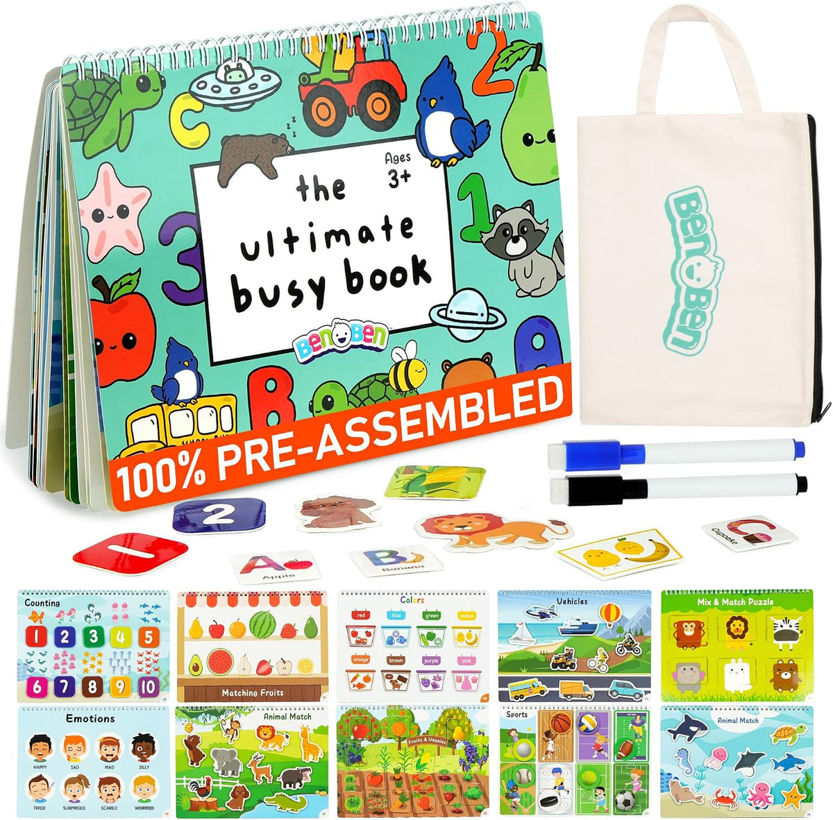 BenBen Busy Book for Toddlers 3-5, Pre-Assembled, 30 Pages