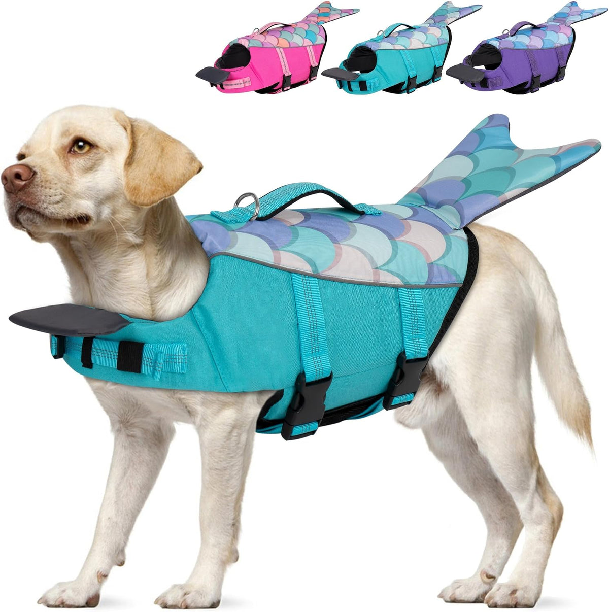 Mermaid Dog Life Jacket Chin Float Support Dog Life Vest, Pink - 3# Blue Mermaid / X-Large (Chest Girth: 29"-34")